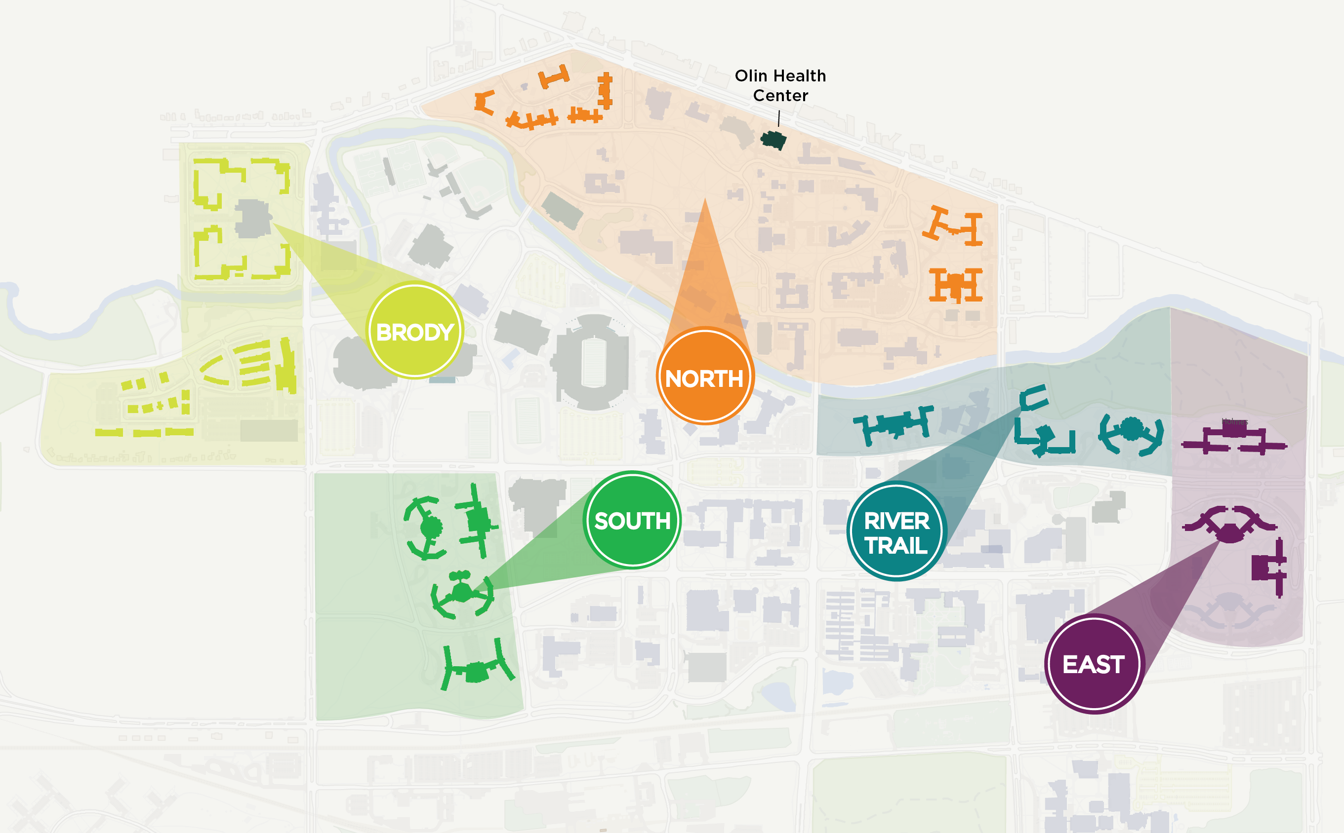 Campus map highlighting the five neighborhoods